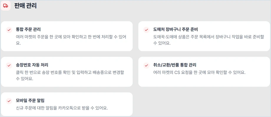 Selzy 공개 기능 소개 화면의 취소 교환 반품 통합 관리 영역